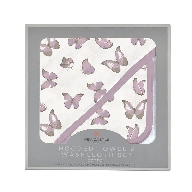 Winsome Butterflies cotton hooded towel and washcloth set with butterfly design in packaging.