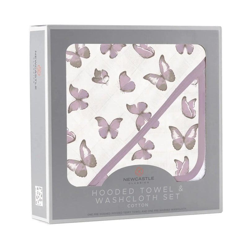 Winsome Butterflies hooded towel and washcloth set in cotton muslin, featuring butterfly design, 35x35 inches.