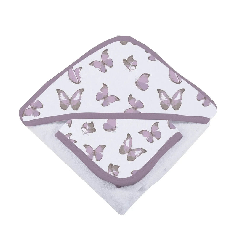 Cotton hooded towel and washcloth set with butterfly design.