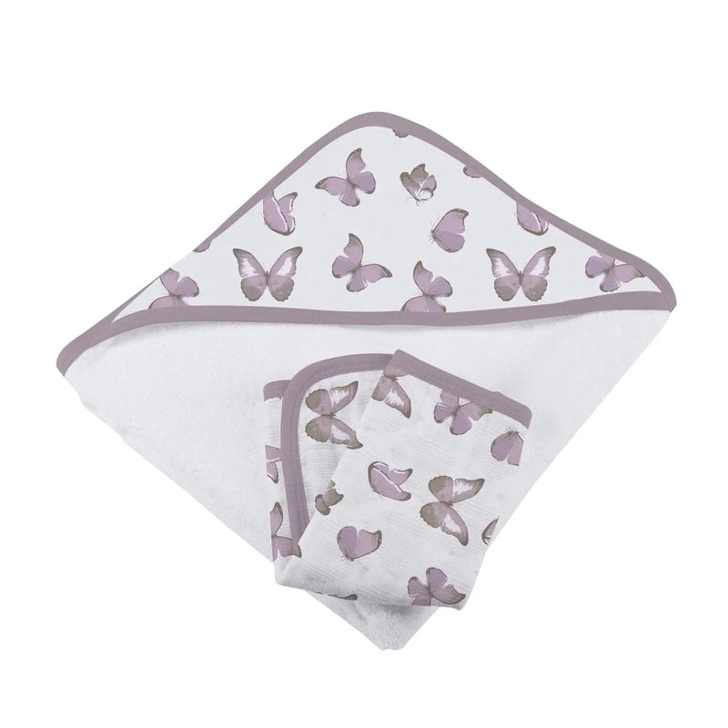 Winsome Butterflies cotton hooded towel and washcloth set with butterfly design.
