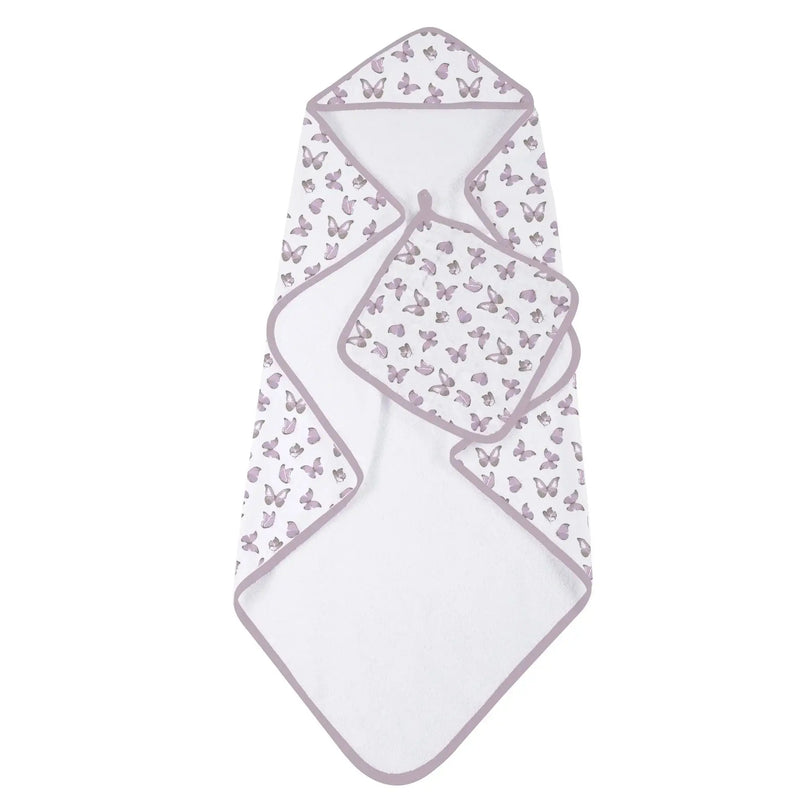 Winsome Butterflies cotton hooded towel and washcloth set featuring butterfly pattern.