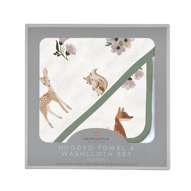 Sierra Fox and Deer cotton hooded towel and washcloth set in packaging, featuring natural cotton muslin and woodland animal designs.