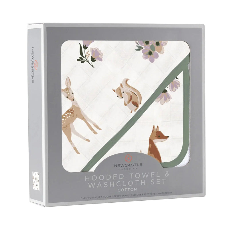 Sierra Fox and Deer Cotton Hooded Towel and Washcloth Set featuring animal design, 35" x 35", 100% natural cotton muslin.