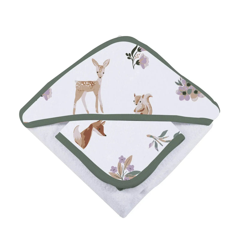 Sierra Fox and Deer cotton hooded towel and washcloth set with woodland animals print.