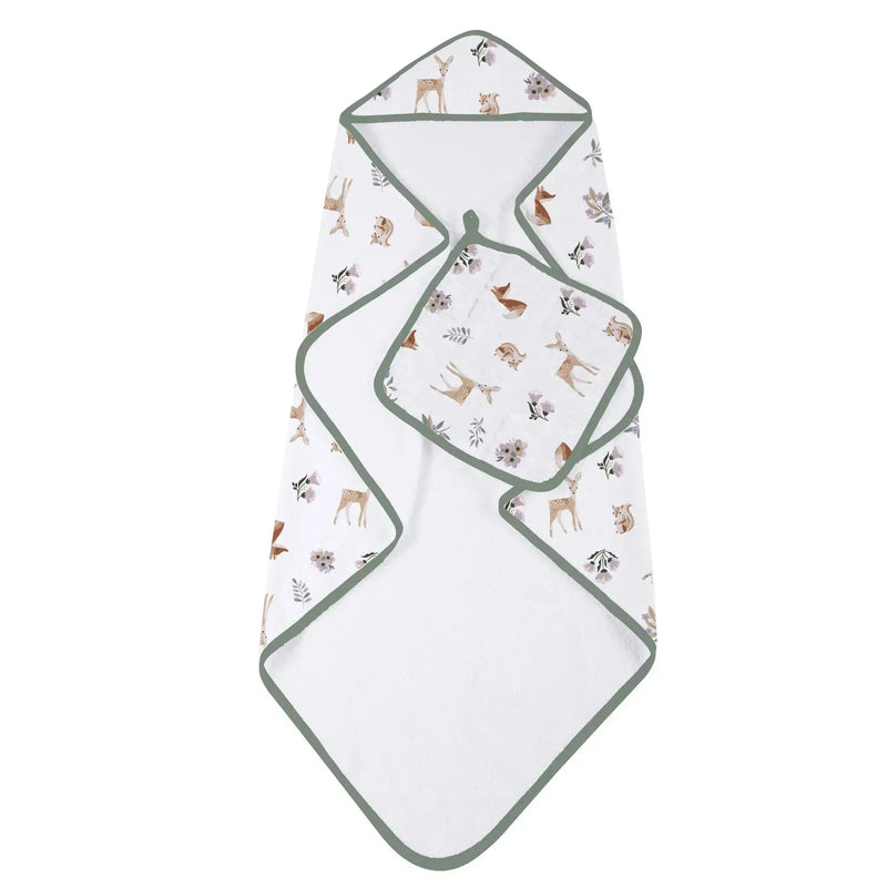 Sierra Fox and Deer cotton hooded towel and washcloth set with animal print design.