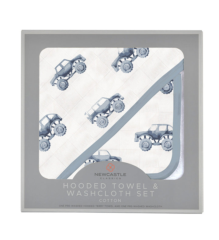 Indigo Monster Trucks Cotton Hooded Towel and Washcloth Set by Newcastle Classics at Everetts Place