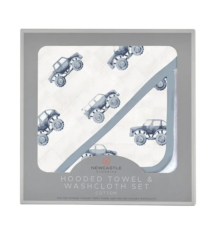 Indigo Monster Trucks Cotton Hooded Towel and Washcloth Set in packaging.
