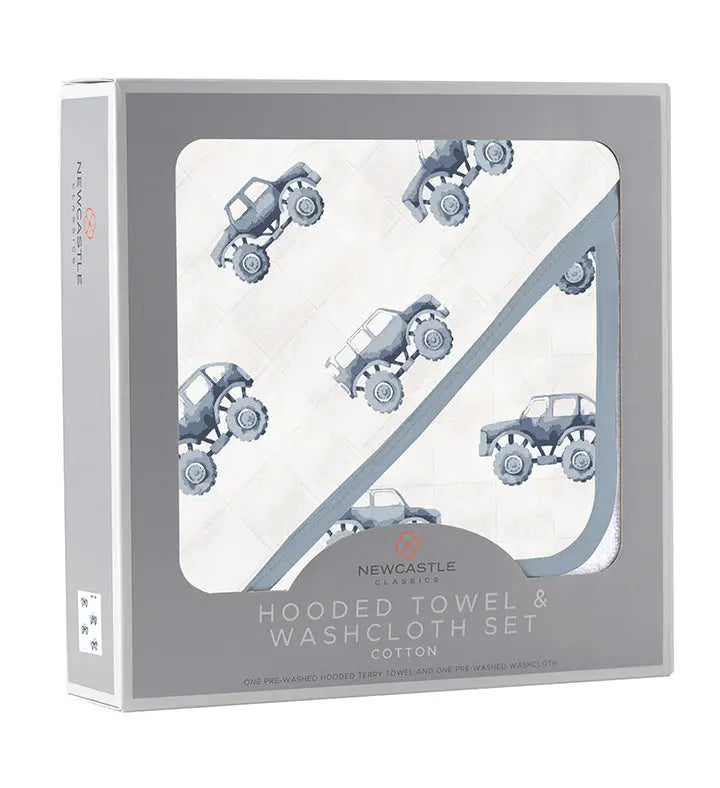 Indigo Monster Trucks cotton hooded towel and washcloth set in packaging.