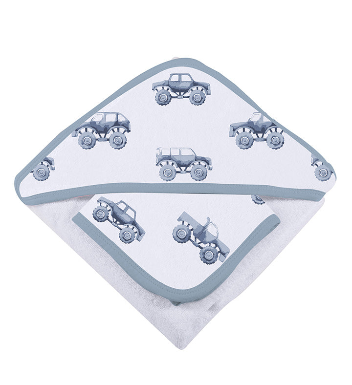 Indigo Monster Trucks Cotton Hooded Towel and Washcloth Set by Newcastle Classics at Everetts Place