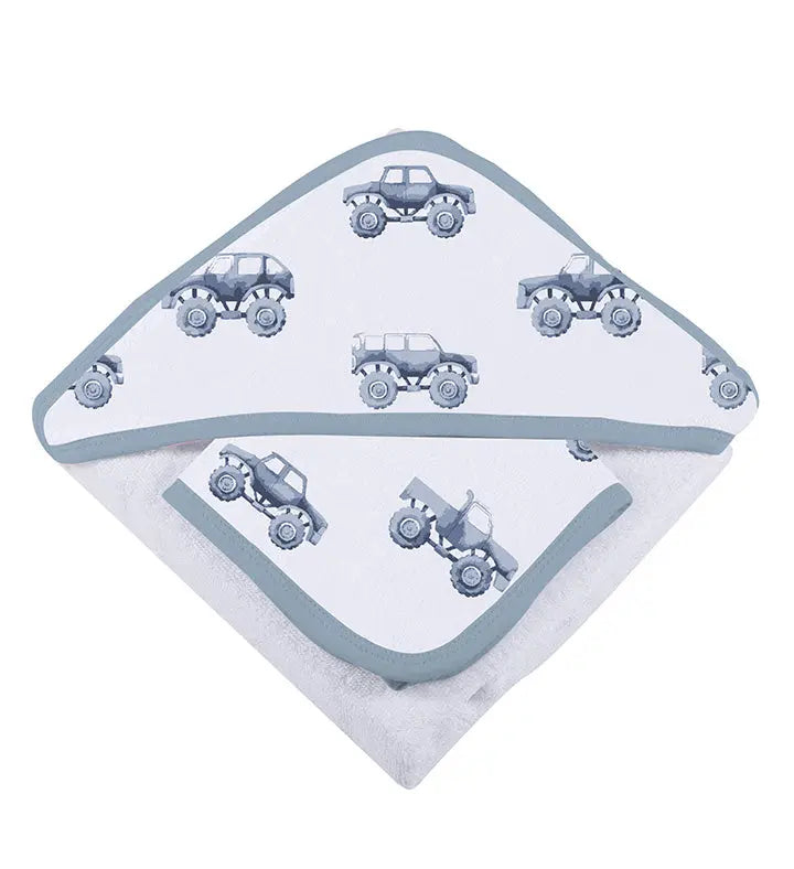 Indigo Monster Trucks cotton hooded towel and washcloth set with truck design.