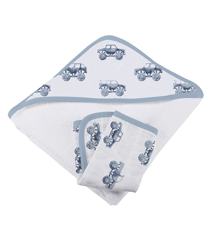 Indigo Monster Trucks Cotton Hooded Towel and Washcloth Set by Newcastle Classics at Everetts Place