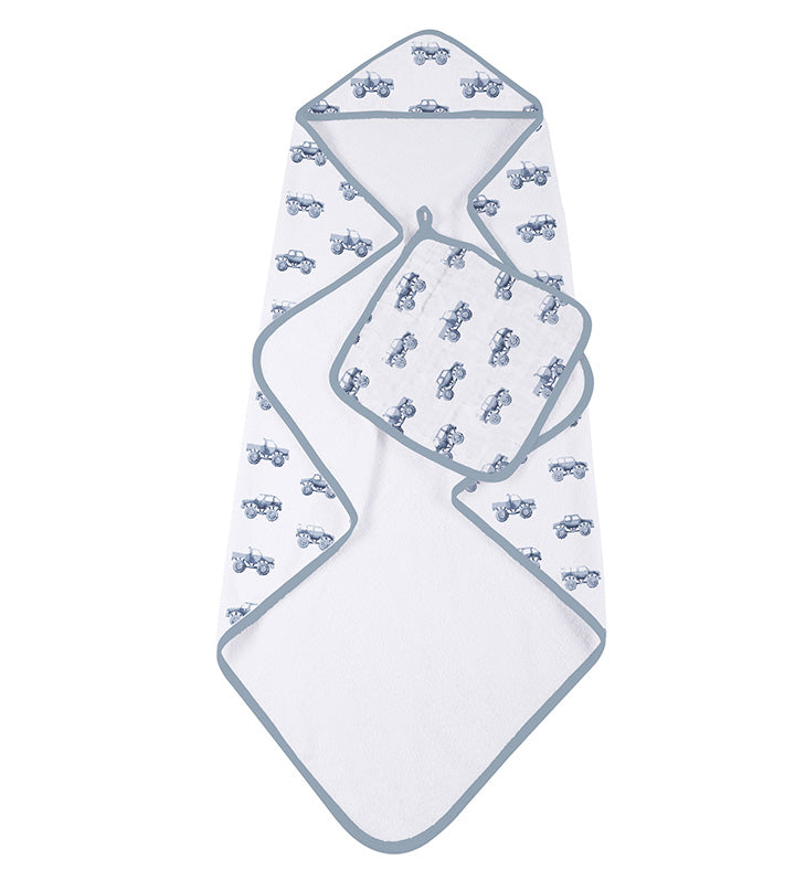 Indigo Monster Trucks Cotton Hooded Towel and Washcloth Set by Newcastle Classics at Everetts Place