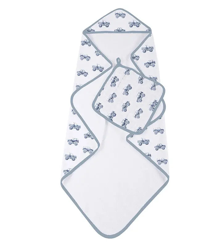 Indigo Monster Trucks hooded towel and washcloth set in soft cotton, featuring truck motifs.