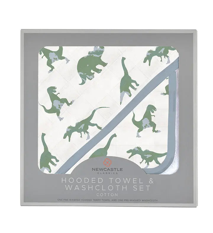 Granite green dinosaurs cotton hooded towel and washcloth set in packaging.