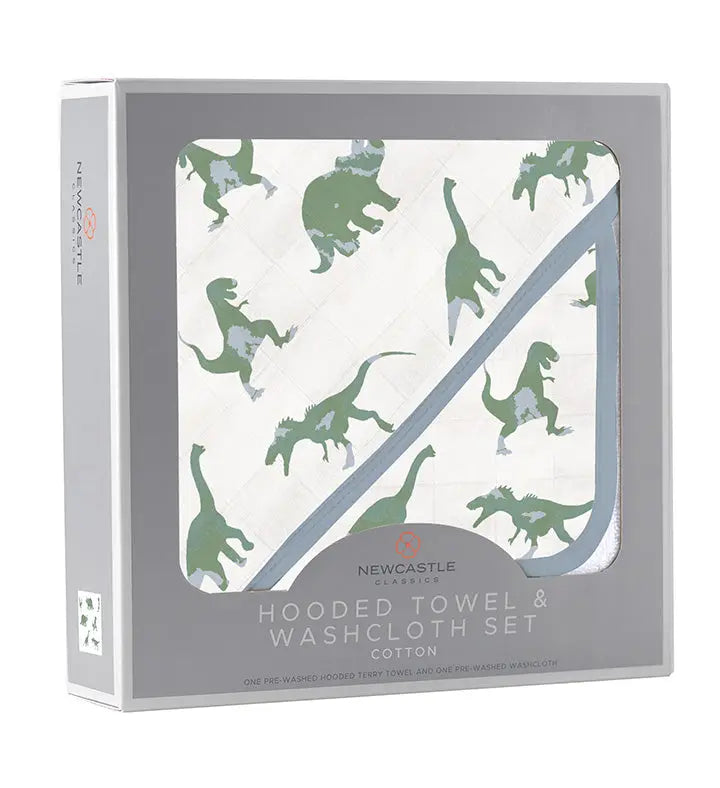 Granite Green Dinosaurs cotton hooded towel and washcloth set in packaging.