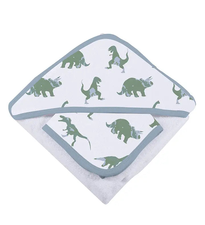 Granite Green Dinosaurs cotton hooded towel and washcloth set with dinosaur print.
