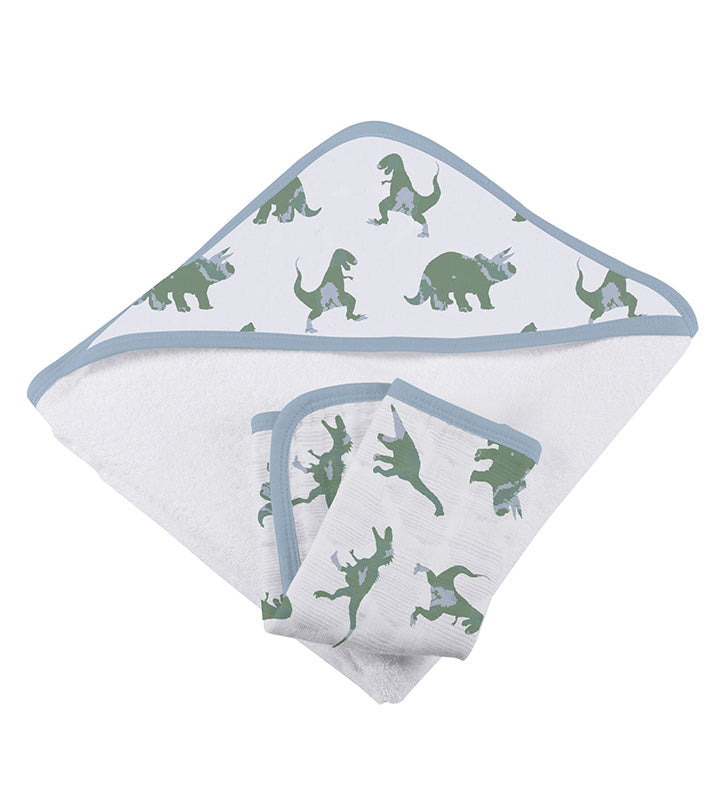 Granite Green Dinosaurs Cotton Hooded Towel and Washcloth Set by Newcastle Classics at Everetts Place