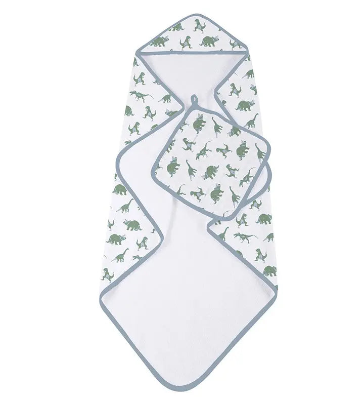 Granite green dinosaurs hooded towel and washcloth set in cotton.