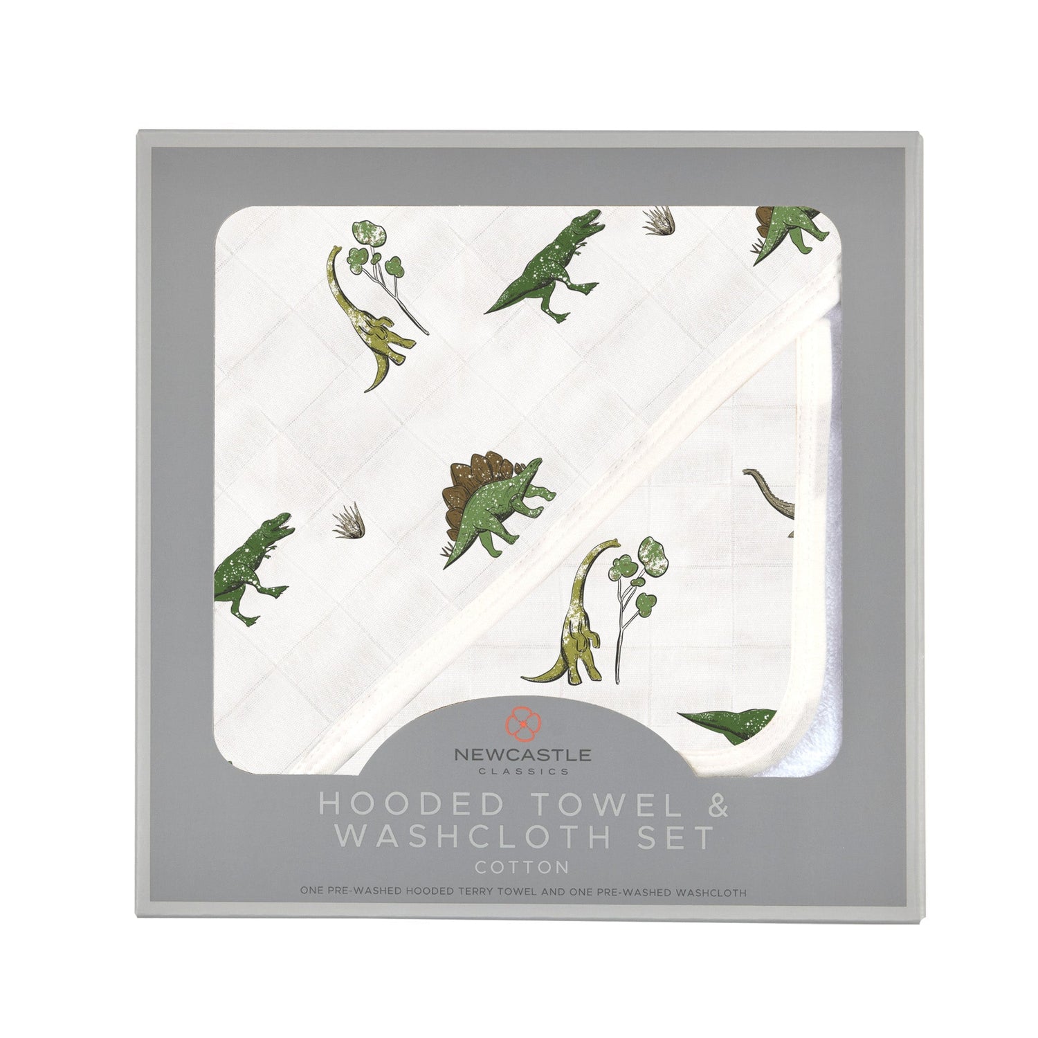 Dino Days Cotton Hooded Towel and Washcloth Set by Newcastle Classics at Everetts Place