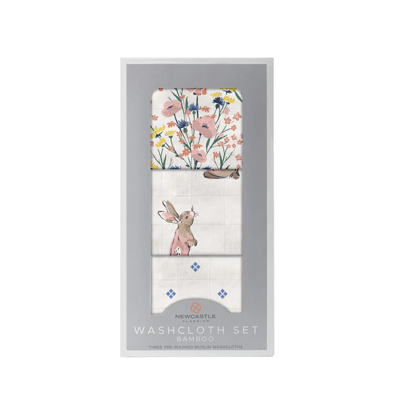 Wildflowers Bamboo Washcloth Set in colorful prints, 3-pack, 100% natural bamboo muslin.