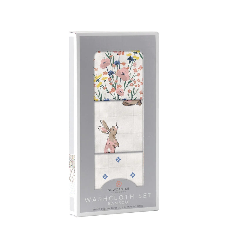 Wildflowers Bamboo Washcloth Set with colorful prints and natural bamboo muslin material.