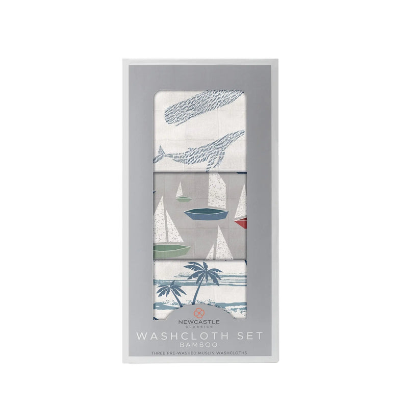 Ocean Tides Bamboo Washcloth Set of 3 with colorful prints and drying loop, 12"x12", 100% bamboo muslin.