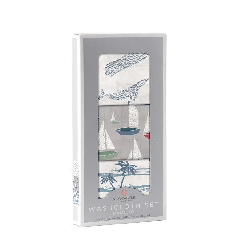 Ocean Tides Bamboo Washcloth Set of 3 in packaging with ocean-themed prints and drying loop.