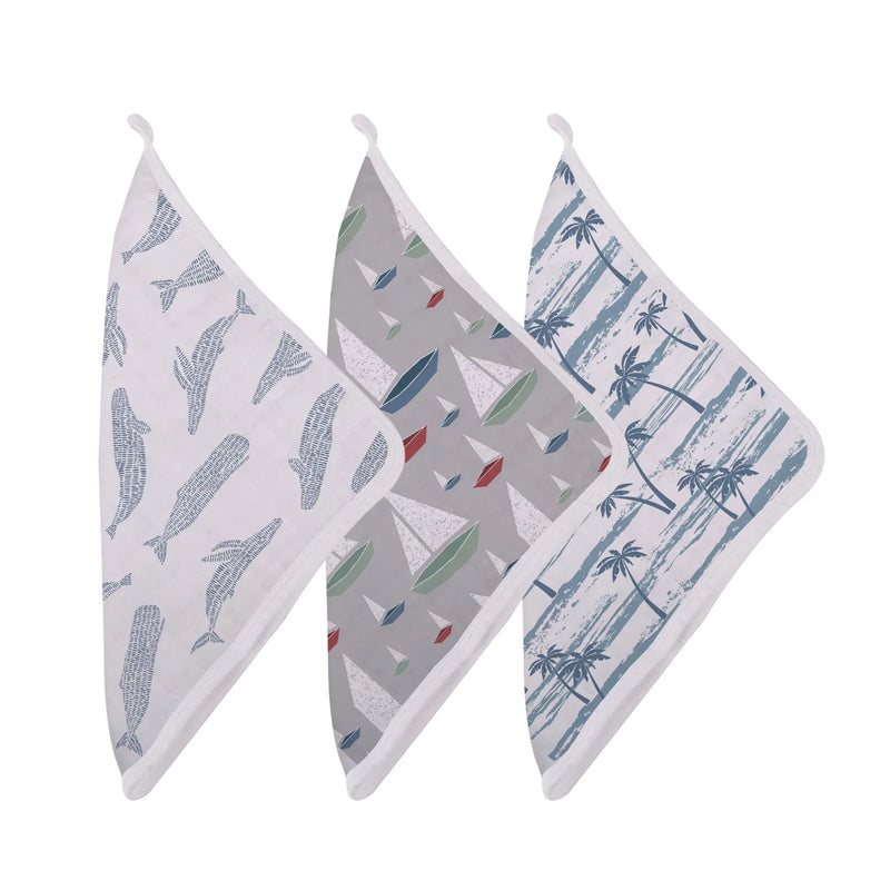 Ocean Tides Bamboo washcloth set of 3 with colorful prints and drying loops.