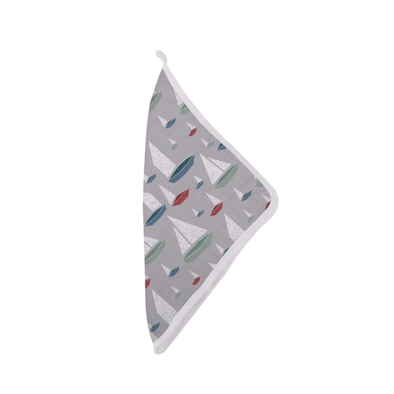 Ocean Tides Bamboo Washcloth with colorful sailboat prints and quick-dry loop, natural bamboo muslin, 12x12 inches.