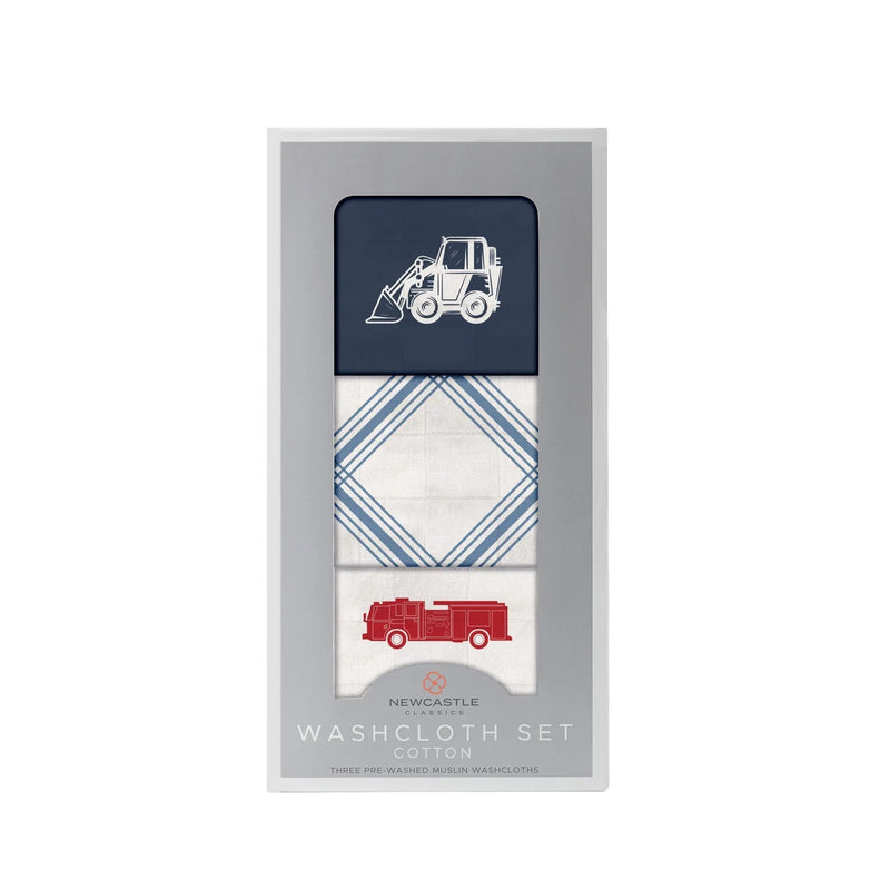 Things That Go Washcloth Set 3PK with vehicle prints, 100% cotton, 12x12 inches.