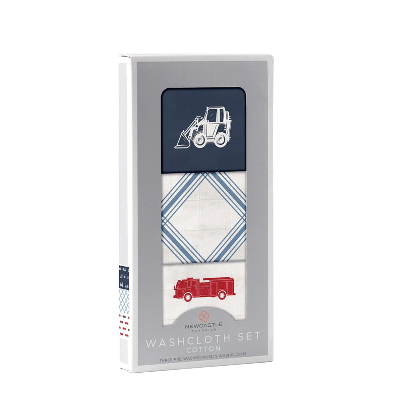 Washcloth set with vehicle prints, 100% cotton, 12" x 12", 3-pack.