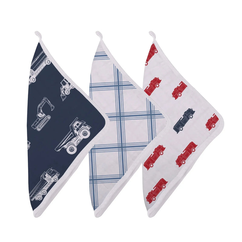 Things That Go Washcloth Set 3PK featuring colorful vehicle prints, 100% cotton, size 12" x 12".