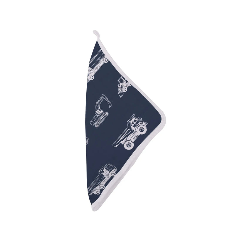 Things That Go washcloth with vehicle print, 100% cotton, 12x12 inches, attached drying loop.