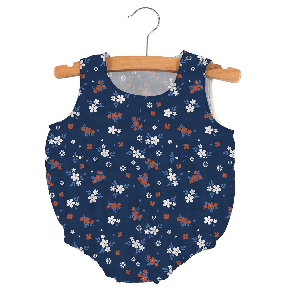 Sleeveless baby bubble one-piece in a soft serenity floral print with snaps at the neckline and legs.