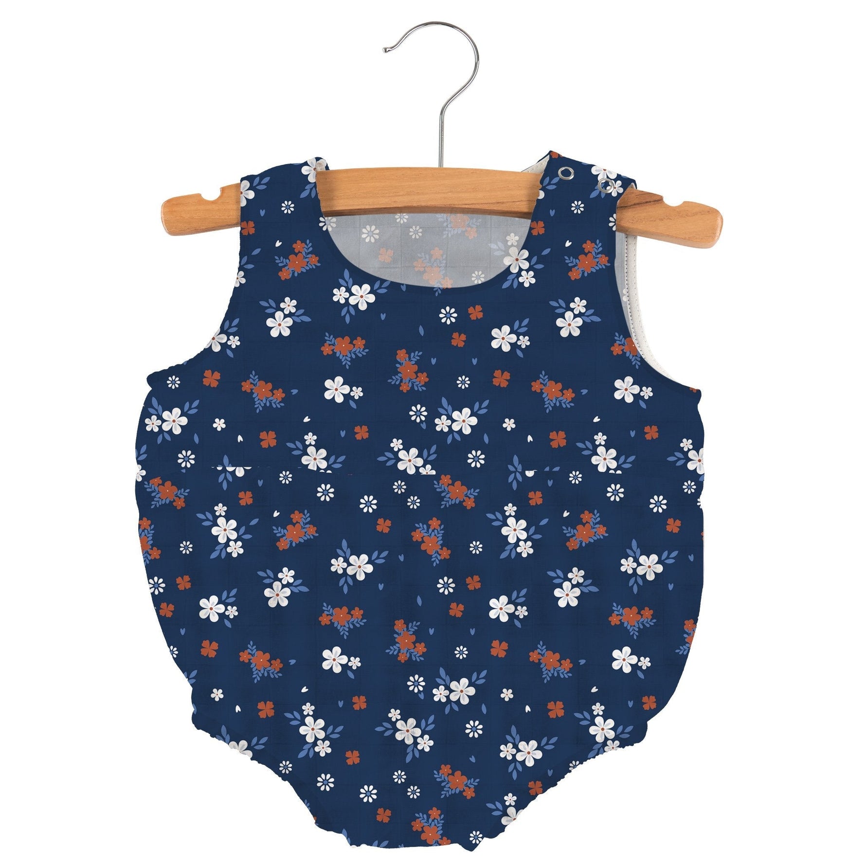 Sleeveless baby bubble one-piece in a soft serenity floral print with snaps at the neckline and legs.