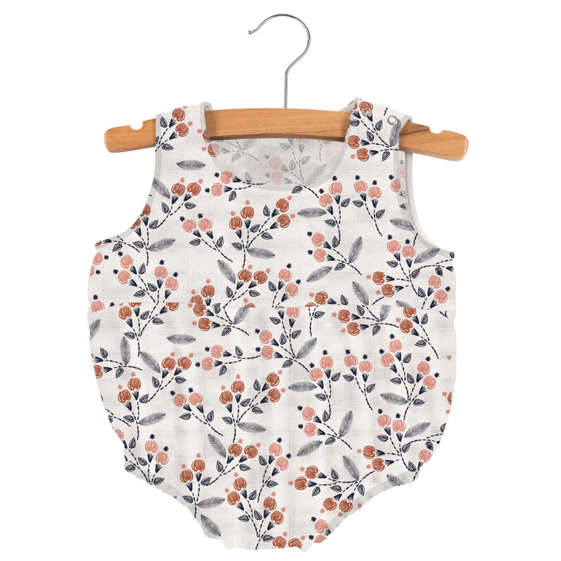 Dahlia Floral Bamboo muslin mini bubble onesie on hanger.
