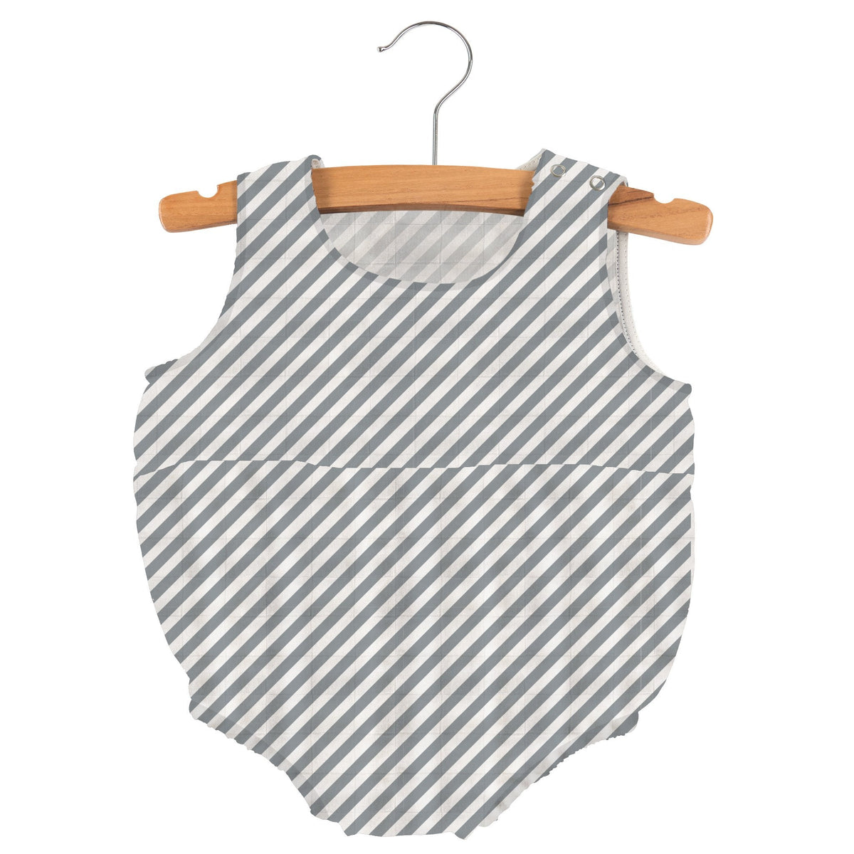 Sleeveless one-piece bubble romper in grey and white stripes with snaps at the neckline and legs