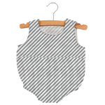 Sleeveless one-piece bubble romper in grey and white stripes with snaps at the neckline and legs