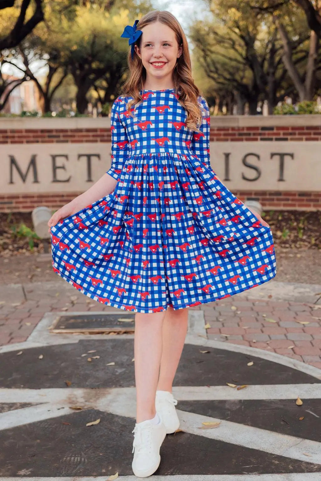 SMU Plaid Mustang Dress Three Quarter Sleeve Pocket Mila & Rose ® Everetts Place: Online Boutique