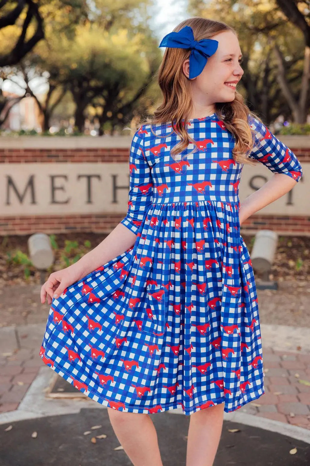 SMU Plaid Mustang Dress Three Quarter Sleeve Pocket Mila & Rose ® Everetts Place: Online Boutique