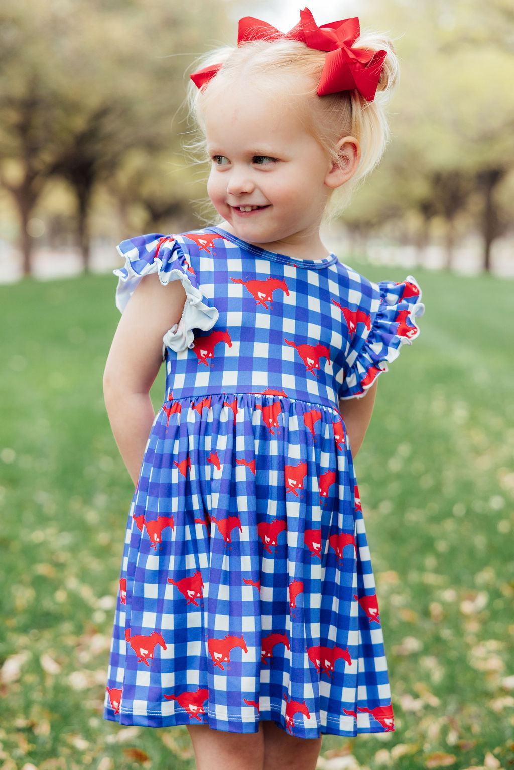 SMU Plaid Mustang Flutter Twirl Dress For Girls Outfit Mila & Rose ® Everetts Place: Online Boutique