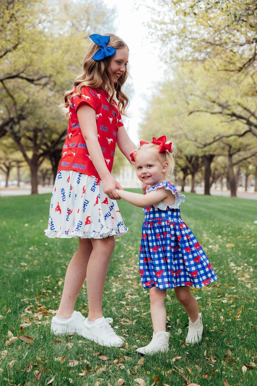 SMU Plaid Mustang Flutter Twirl Dress For Girls Outfit Mila & Rose ® Everetts Place: Online Boutique
