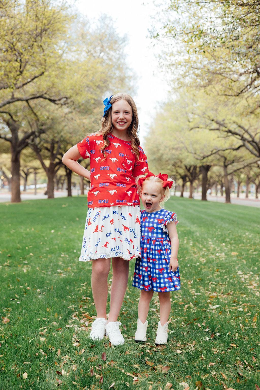 SMU Plaid Mustang Flutter Twirl Dress For Girls Outfit Mila & Rose ® Everetts Place: Online Boutique