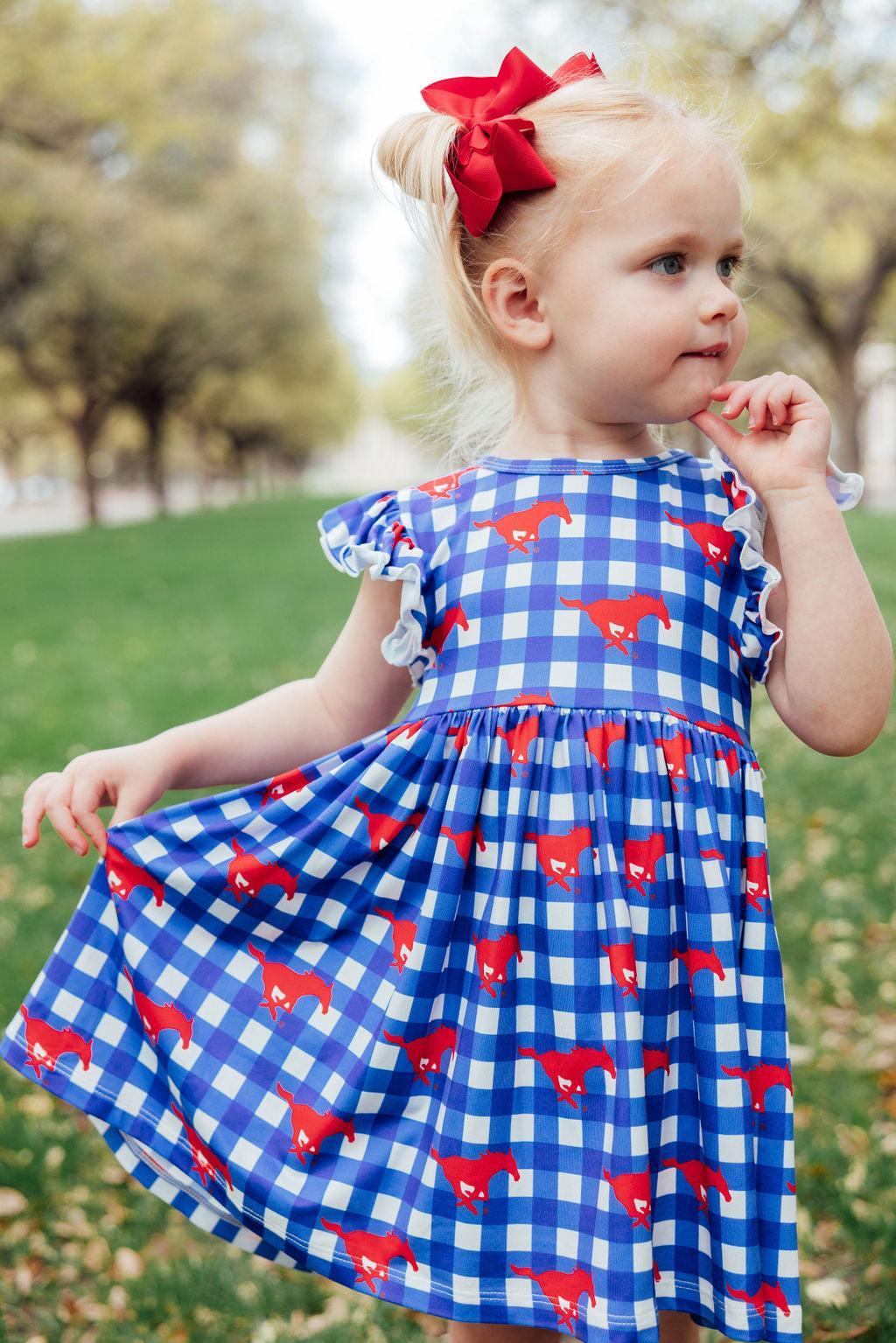 SMU Plaid Mustang Flutter Twirl Dress For Girls Outfit Mila & Rose ® Everetts Place: Online Boutique