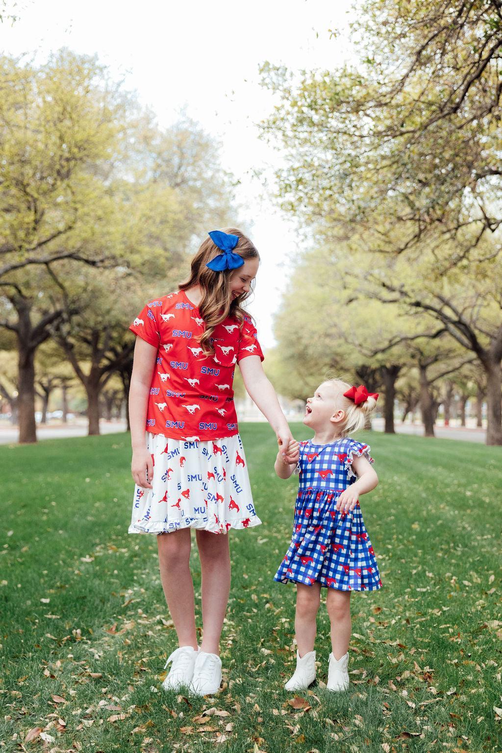 SMU Plaid Mustang Flutter Twirl Dress For Girls Outfit Mila & Rose ® Everetts Place: Online Boutique