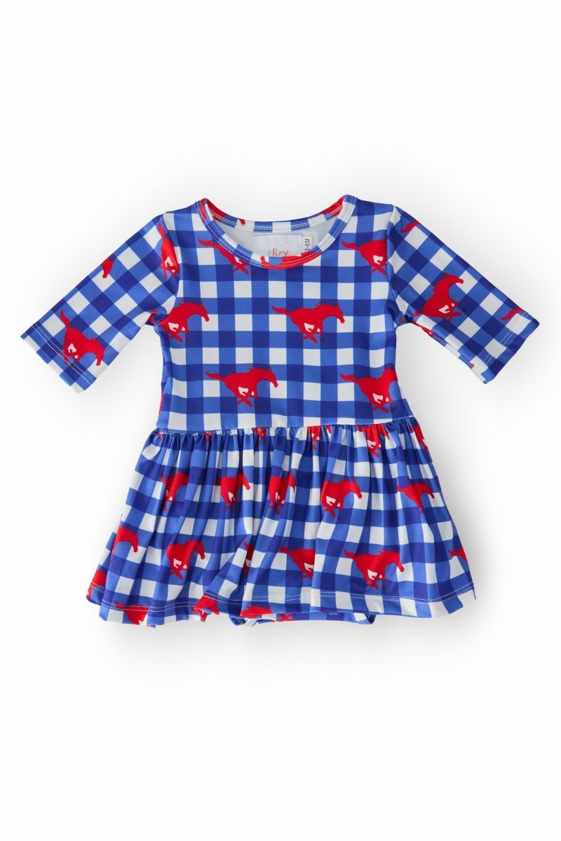 Mila & Rose ® SMU Plaid Mustang Three Quarter Sleeve Twirl Bodysuit Baby - Everetts Place Boutique - 