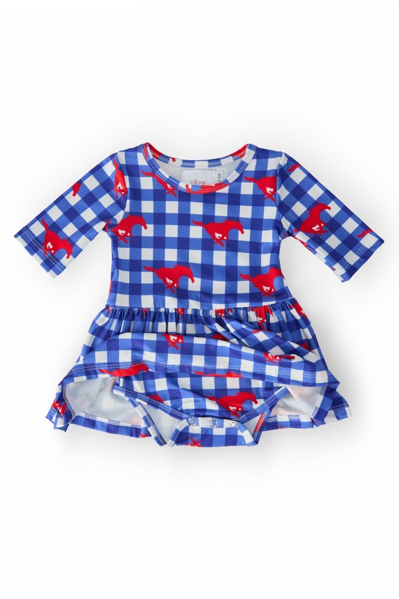 Mila & Rose ® SMU Plaid Mustang Three Quarter Sleeve Twirl Bodysuit Baby - Everetts Place Boutique - 