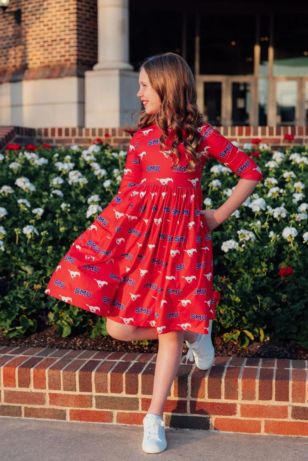 SMU Red Mustang Dress Three Quarter Sleeve Pocket Twirl Mila & Rose ® Everetts Place: Online Boutique