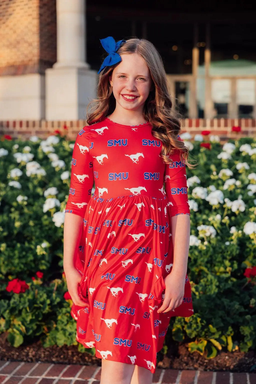 SMU Red Mustang Dress Three Quarter Sleeve Pocket Twirl Mila & Rose ® Everetts Place: Online Boutique