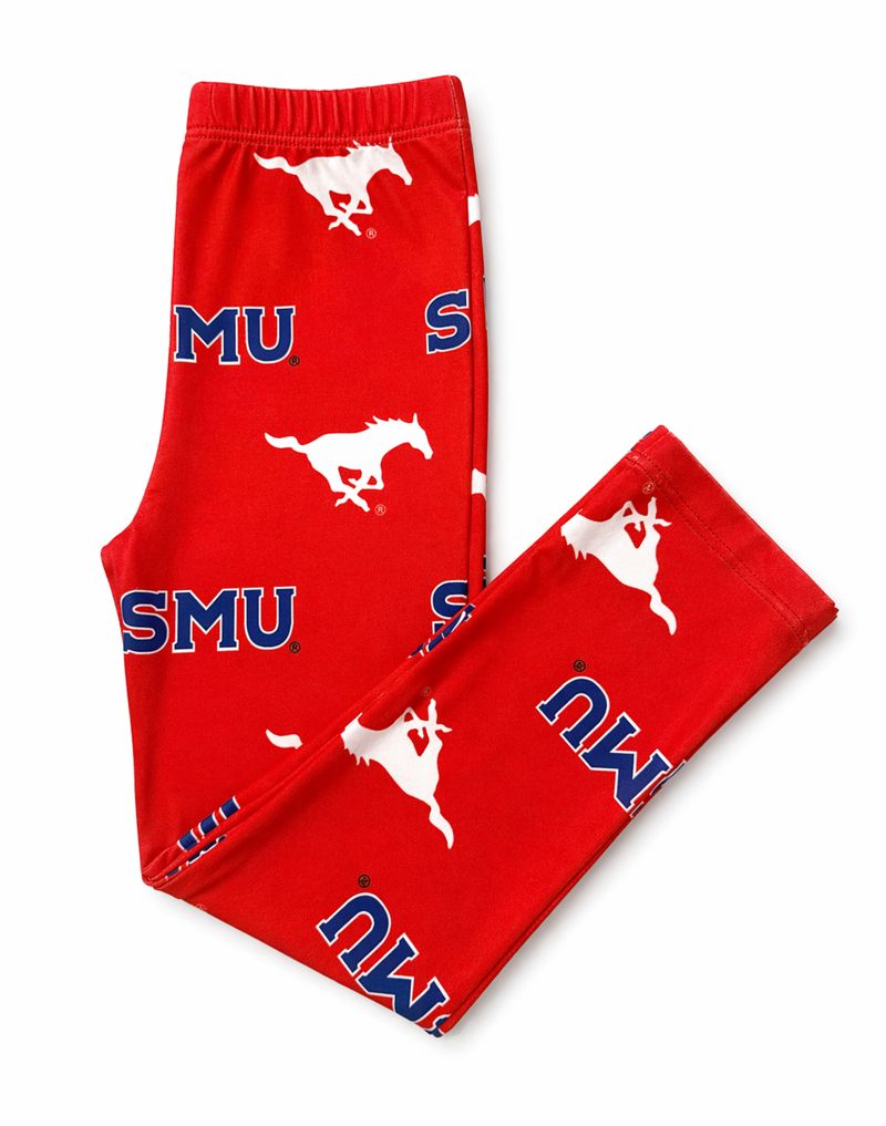 Mila & Rose soft organic baby leggings, red SMU Mustang print.